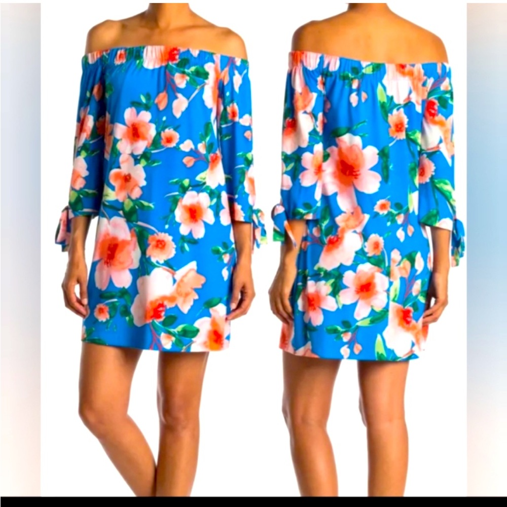 Vince Camuto Dress Blue and Pink Coral Flowers off shoulder